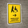 Wheelchair Assistant With Right Arrow Yellow Bilingual Spanish Portrait - Wall Sign Wheelchair Assistant With Right Arrow Yellow Bilingual Spanish Portrait - Wall Sign