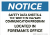 Notice: Safety Data Sheets Located In Office - Wall Sign