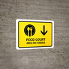 Food Court With Down Arrow Yellow Bilingual Spanish Landscape - Wall Sign