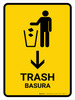 Trash With Down Arrow Yellow Bilingual Spanish Portrait - Wall Sign
