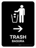 Trash With Right Arrow Black Bilingual Spanish Portrait - Wall Sign