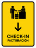 Check-In With Down Arrow Yellow Bilingual Spanish Portrait - Wall Sign Check-In With Down Arrow Yellow Bilingual Spanish Portrait - Wall Sign