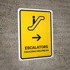 Escalators With Right Arrow Yellow Bilingual Spanish Portrait - Wall Sign