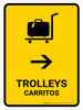 Trolleys With Right Arrow Yellow Bilingual Portrait - Wall Sign