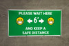 Please Wait here Keep a Safe Distance with Facemask Emoji Green - Banner