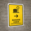 Baggage Check With Right Arrow Yellow Bilingual Spanish Portrait - Wall Sign