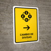 Currency Exchange With Right Arrow Yellow Spanish Portrait - Wall Sign