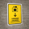 Luggage Lockers With Down Arrow Yellow Bilingual Spanish Portrait - Wall Sign Luggage Lockers With Down Arrow Yellow Bilingual Spanish Portrait - Wall Sign