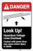Danger: Look Up! Hazardous Voltage Lines Overhead ANSI with Icon Portrait - Label Danger: Look Up! Hazardous Voltage Lines Overhead ANSI with Icon Portrait - Label