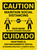 Caution: Maintain Social Distancing - Face Mask Required with Icons Bilingual Spanish Portrait - Wall Sign