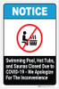 Swimming Pool, Hot Tubs, and Saunas Closed Due to COVID-19 - We Apologize - Label Swimming Pool, Hot Tubs, and Saunas Closed Due to COVID-19 - We Apologize - Label