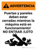 Warning: Doors And Panels Must Be Closed While The Machine Is Running Spanish with Icon - Wall Sign