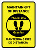 Maintain 6 Feet Distance - Thank you! Bilingual Spanish Portrait - Wall Sign