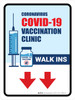 Covid-19 Vaccine Clinic: Walk Ins Down Arrow Portrait - Wall Sign