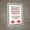 Covid-19 Vaccine Center Entrance - Reserved Parking Bidirectional Arrow Bilingual Spanish Portrait - Wall Sign