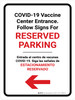 Covid-19 Vaccine Center Entrance - Reserved Parking Left Arrow Bilingual Spanish Portrait - Wall Sign