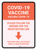 Covid-19 Vaccine: Please Follow The Arrows For The Registration Line Down Arrow Bilingual Portrait - Wall Sign