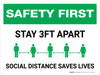 Safety First: Stay 3Ft Apart - Social Distancing Saves Lives Landscape - Wall Sign Safety First: Stay 3Ft Apart - Social Distancing Saves Lives Landscape - Wall Sign
