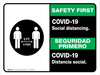 Safety First: COVID-19 Social Distancing Bilingual with 3ft Icon Landscape - Wall Sign