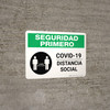 Safety First: COVID-19 Social Distancing Spanish with 3ft Icon Landscape - Wall Sign Safety First: COVID-19 Social Distancing Spanish with 3ft Icon Landscape - Wall Sign