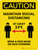Caution: Social Distancing 3ft - Wear Face Mask Portrait - Wall Sign
