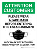 Attention Customers: Please Wear a Face Mask - Face Mask Not Required with Proof of Vaccination with Icon Portrait - Wall Sign