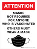 Attention: Masks Not Required For Anyone Who Is Vaccinated Others Must Wear A Mask - Wall Sign Attention: Masks Not Required For Anyone Who Is Vaccinated Others Must Wear A Mask - Wall Sign