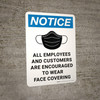 Notice: All Employees And Customers Are Encouraged To Wear Face Covering - Wall Sign