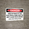 Danger: Area in Front of Electrical Panel Kept Clear NEC Regulations - Wall Sign
