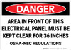Danger: Area in Front of Electrical Panel Kept Clear NEC Regulations - Wall Sign
