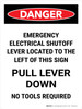 Danger: Emergency Electrical Shutoff Lever Portrait - Wall Sign Danger: Emergency Electrical Shutoff Lever Portrait - Wall Sign