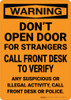 Warning: Don't Open Door for Stranger Call Front Desk - Wall Sign Warning: Don't Open Door for Stranger Call Front Desk - Wall Sign