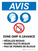 Notice: Zone GMP á l'avance Icônes (Notice: GMP Area Ahead - Hair/Beard Net Required - No Jewelry) French Portrait - Wall Sign Notice: Zone GMP á l'avance Icônes (Notice: GMP Area Ahead - Hair/Beard Net Required - No Jewelry) French Portrait - Wall Sign