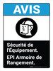 Notice: l'Équipement de Sécurité EPI Armoire de Rangement (Notice: Safety Equipment PPE Storage Cabinet ANSI) - French Portrait - Wall Sign