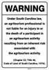 Warning: South Carolina Agritourism Liability SC - Wall Sign