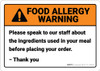 Warning: Speak To Staff About Ingredients Allergy - Wall Sign Warning: Speak To Staff About Ingredients Allergy - Wall Sign