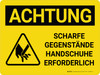 Achtung - PPE-scharfe Gegenstände Handschuhe Erforderlich (Caution - PPE Sharp Objects Gloves Required) Landscape German - Wall Sign