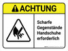 Achtung - Scharfe Gegenstände Handschuhe Erforderlich (Caution - Sharp Objects Gloves Required) ANSI Landscape German - Wall Sign