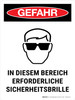 Gefahr - PSA-Schutzbrille erforderlich im Bereich (Danger - PPE Safety Glasses Required in Area) Portrait German - Wall Sign Gefahr - PSA-Schutzbrille erforderlich im Bereich (Danger - PPE Safety Glasses Required in Area) Portrait German - Wall Sign