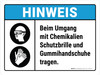 HINWEIS - Beim Umgang mit Chemikalien Schutzbrille und Gummihandschuhe tragen (NOTICE - Wear Goggles Rubber Gloves Handling Chemicals) ANSI Landscape German - Wall Sign HINWEIS - Beim Umgang mit Chemikalien Schutzbrille und Gummihandschuhe tragen (NOTICE - Wear Goggles Rubber Gloves Handling Chemicals) ANSI Landscape German - Wall Sign
