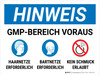Hinweis - GMP-bereich voraus (Notice - GMP Area Ahead) with Icons German - Wall Sign Hinweis - GMP-bereich voraus (Notice - GMP Area Ahead) with Icons German - Wall Sign