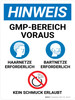 Hinweis - GMP-Bereich Voraus Haarnetze und Bartnetze Erforderlich Kein Schmuck (Notice - GMP Area Ahead Hair and Beard Nets Required No jewelry) German - Wall Sign Hinweis - GMP-Bereich Voraus Haarnetze und Bartnetze Erforderlich Kein Schmuck (Notice - GMP Area Ahead Hair and Beard Nets Required No jewelry) German - Wall Sign