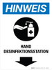 Hinweis - Handdesinfektionsstation Abwärtspfeil (Notice - Hand Sanitizing Station Down Arrow) German - Wall Sign