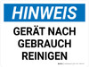 Hinweis – Geräte nach Gebrauch reinigen (Notice - Clean Equipment After Use) Landscape German - Wall Sign Hinweis – Geräte nach Gebrauch reinigen (Notice - Clean Equipment After Use) Landscape German - Wall Sign