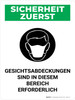 Sicherheit Zuerst - Gesichtsbedeckungen in diesem Bereich erforderlich (Safety First - Face Coverings Required In This Area) German - Wall Sign