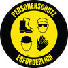 Personenschutz Erforderlich (PPE Required) with Icons of Hat, Shoes, Eyeware, Gloves - Circular German Floor Sign