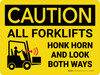 Caution: All Forklifts Honk and Look Landscape - Wall Sign
