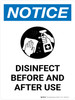 Notice: Disinfect Before and After Use Portrait - Wall Sign