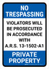 No Trespassing: Private Property Arizona BLUE v2 Portrait - Wall Sign