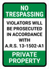 No Trespassing: Private Property Arizona GREEN v2 Portrait - Wall Sign No Trespassing: Private Property Arizona GREEN v2 Portrait - Wall Sign
